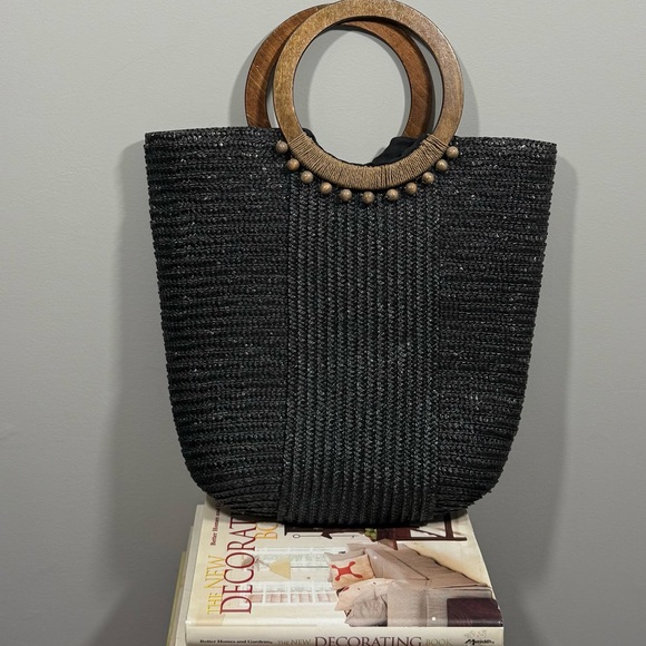 Handbags - Elegant Black Woven Tote Bag with Wooden Handles